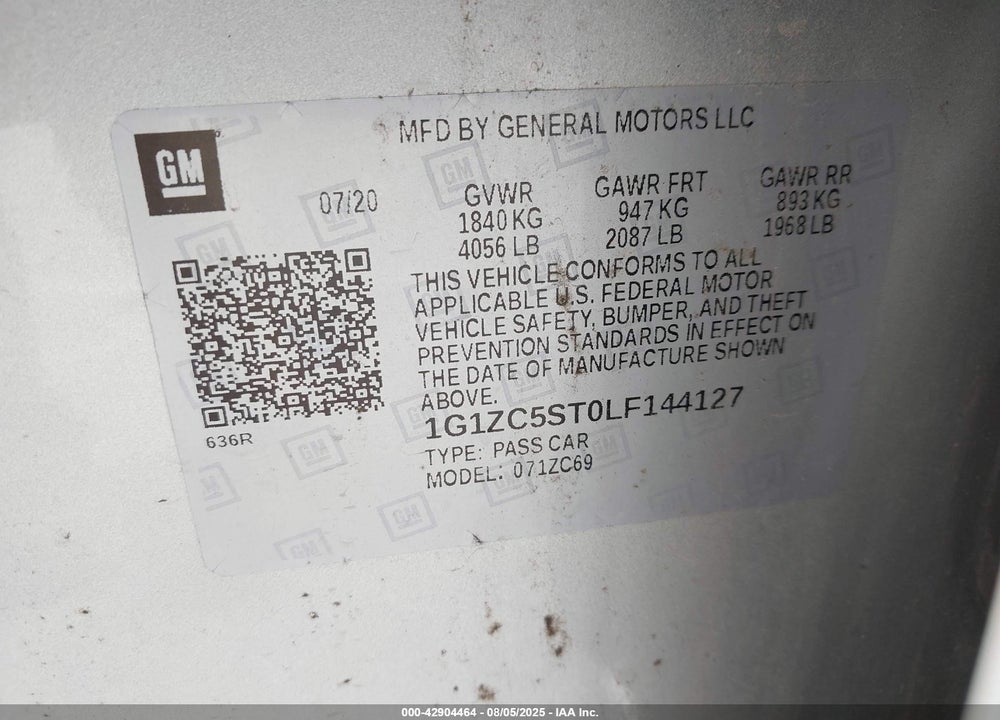2020 CHEVROLET MALIBU VIN: 1G1ZC5ST0LF144127