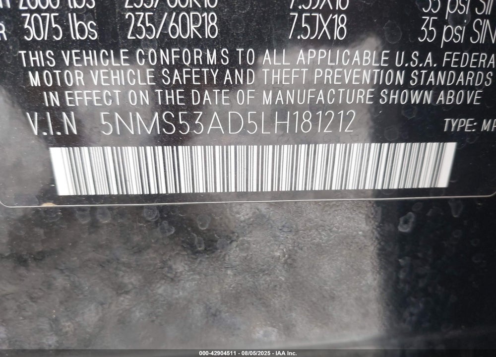 2020 HYUNDAI SANTA FE VIN: 5NMS53AD5LH181212