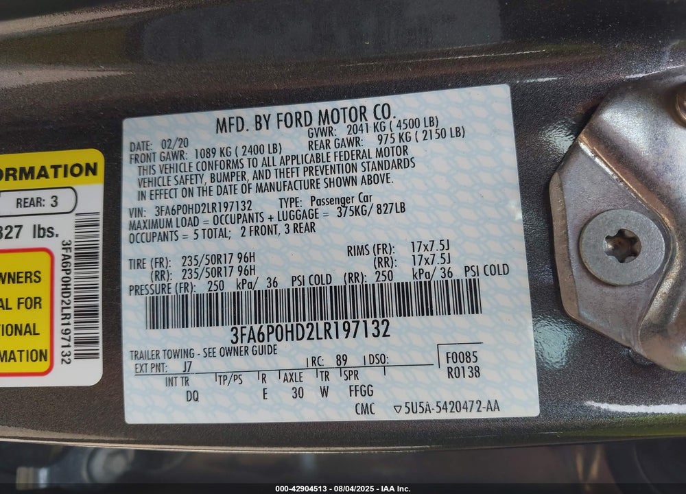 2020 FORD FUSION SE VIN: 3FA6P0HD2LR197132