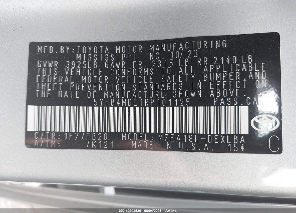 2024 TOYOTA COROLLA VIN: 5YFB4MDE1RP101125