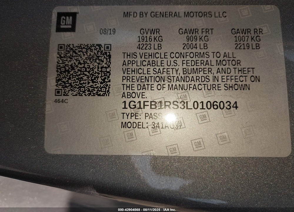 2020 CHEVROLET CAMARO VIN: 1G1FB1RS3L0106034