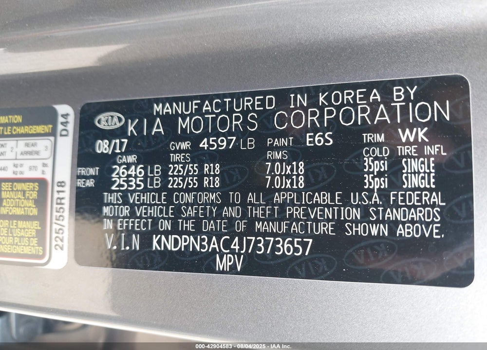 2018 KIA SPORTAGE VIN: KNDPN3AC4J7373657