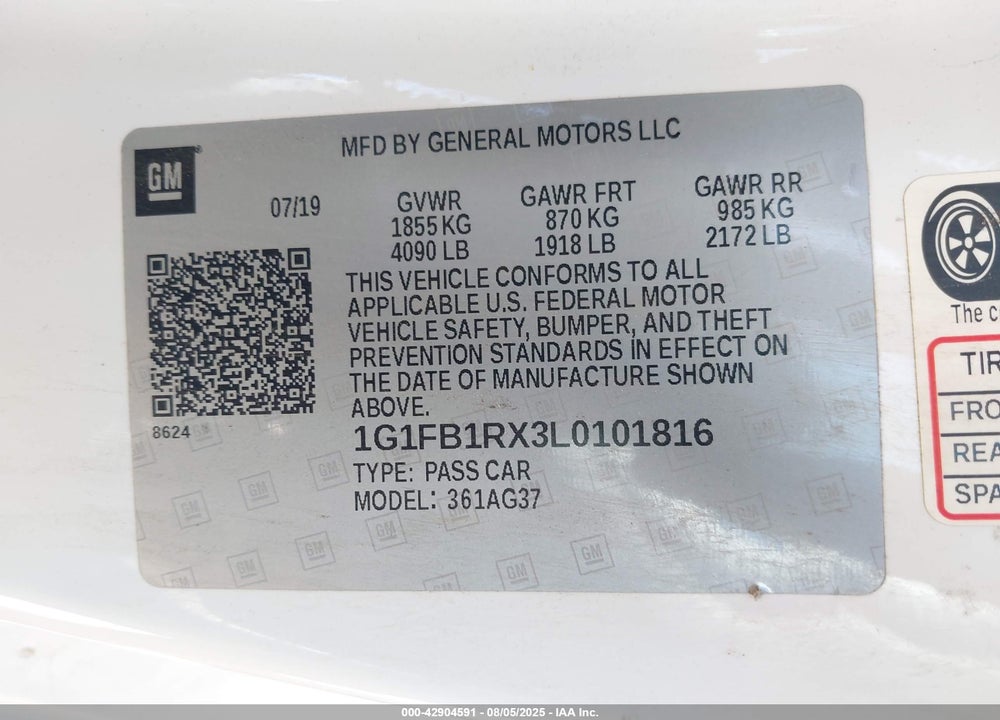 2020 CHEVROLET CAMARO RWD 1LT VIN: 1G1FB1RX3L0101816