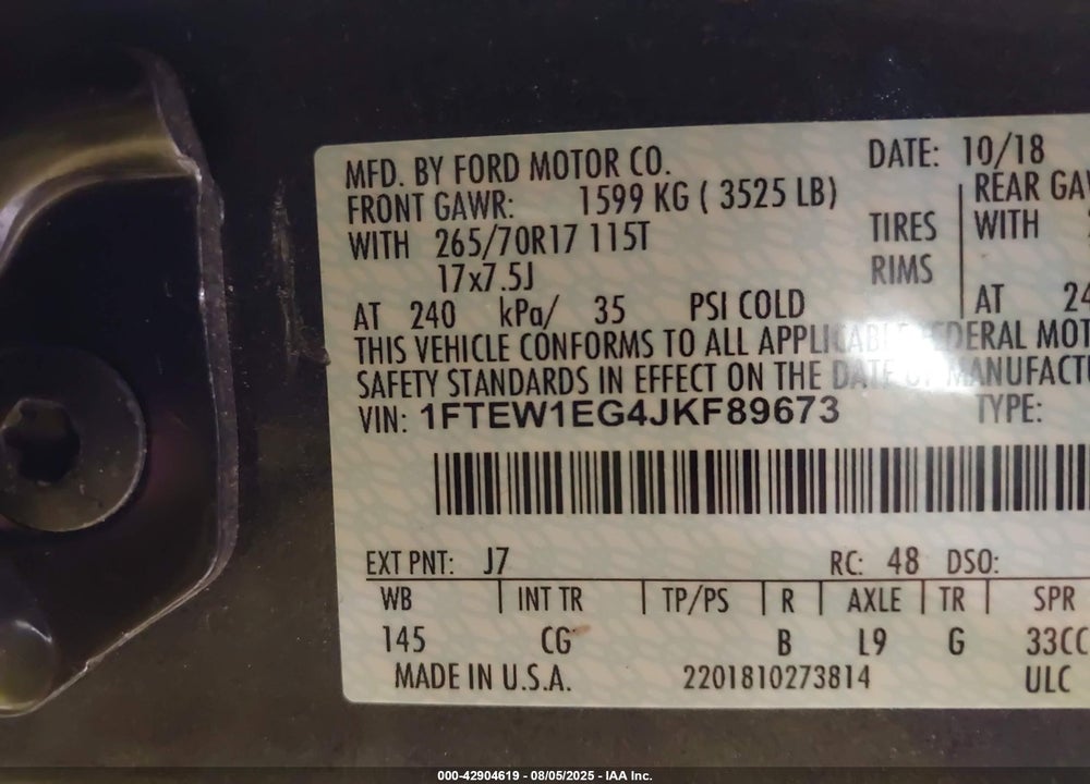 2018 FORD F-150 VIN: 1FTEW1EG4JKF89673