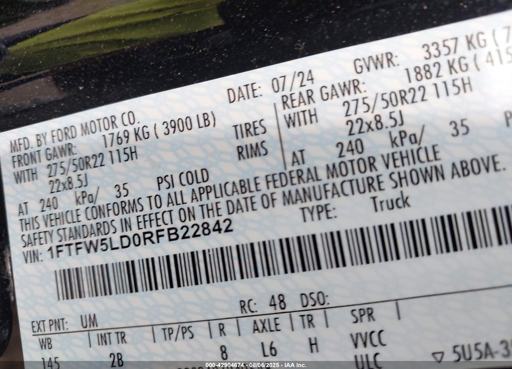 2024 FORD F-150 LARIAT VIN: 1FTFW5LD0RFB22842