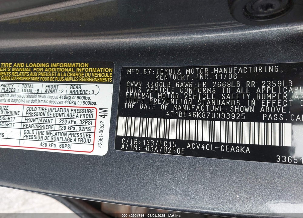 2007 TOYOTA CAMRY CE/LE/XLE/SE VIN: 4T1BE46K87U093925