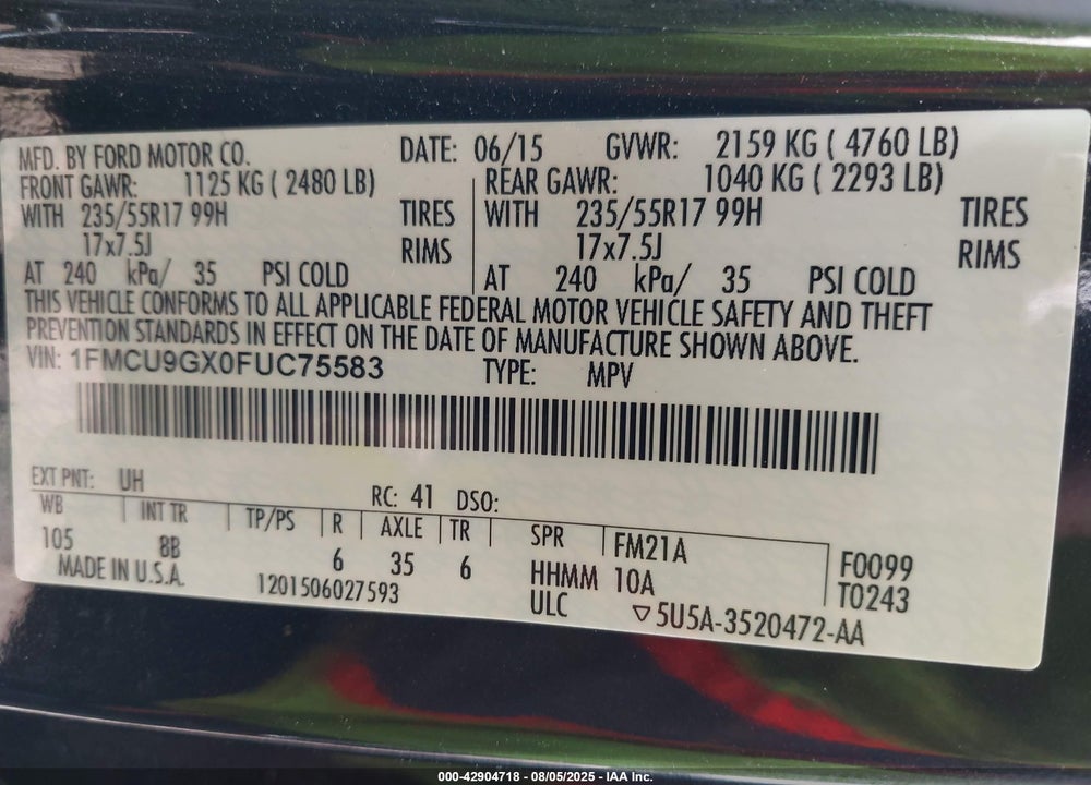 2015 FORD ESCAPE SE VIN: 1FMCU9GX0FUC75583