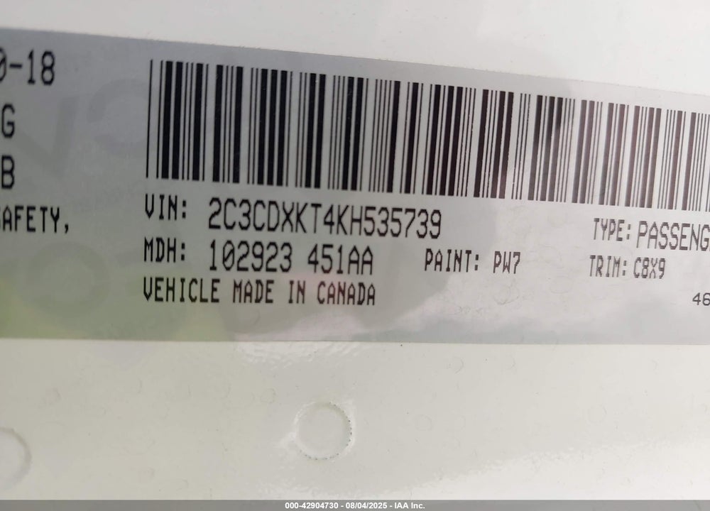 2019 DODGE CHARGER VIN: 2C3CDXKT4KH535739