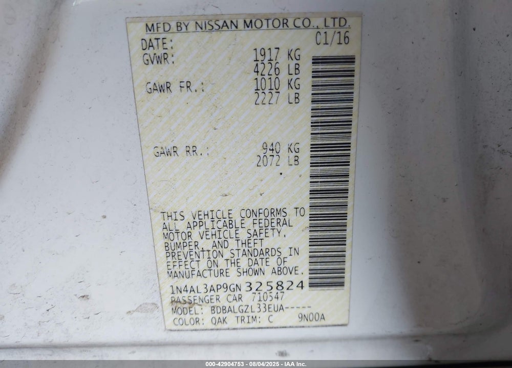 2016 NISSAN ALTIMA VIN: 1N4AL3AP9GN325824