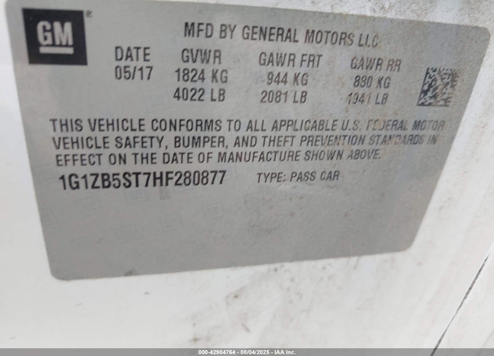 2017 CHEVROLET MALIBU VIN: 1G1ZB5ST7HF280877