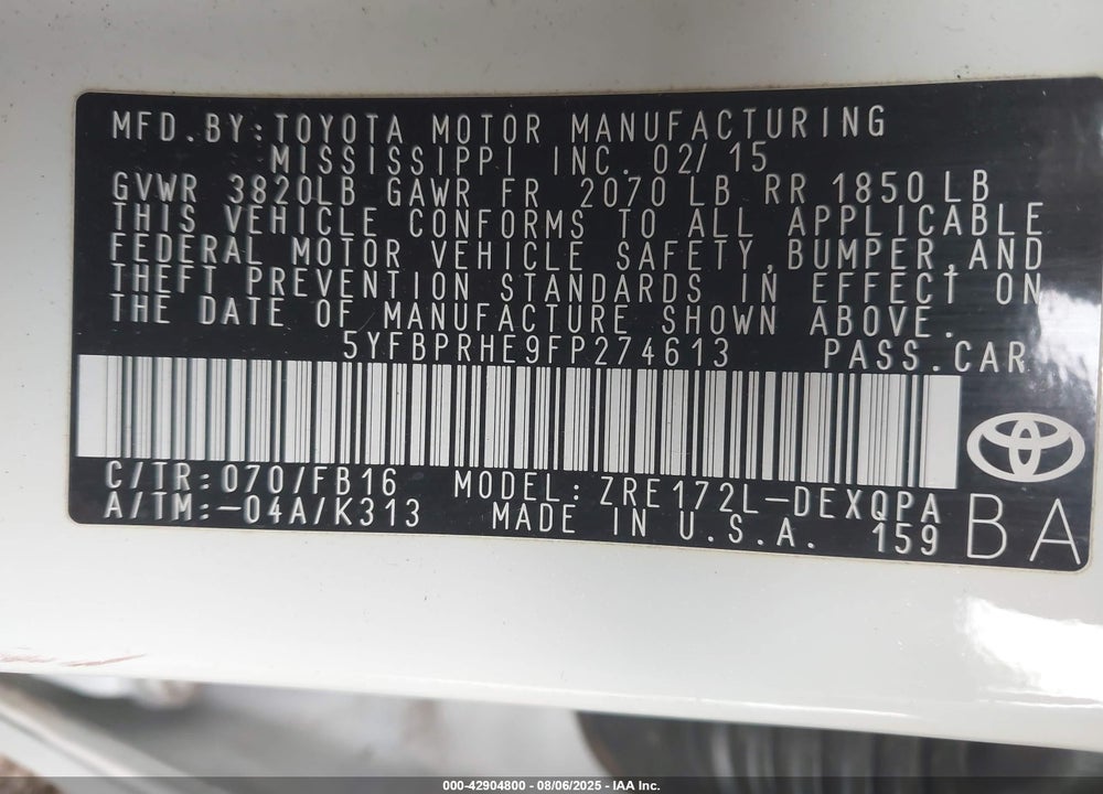 2015 TOYOTA COROLLA VIN: 5YFBPRHE9FP274613