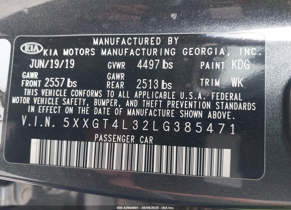 2020 KIA OPTIMA VIN: 5XXGT4L32LG385471