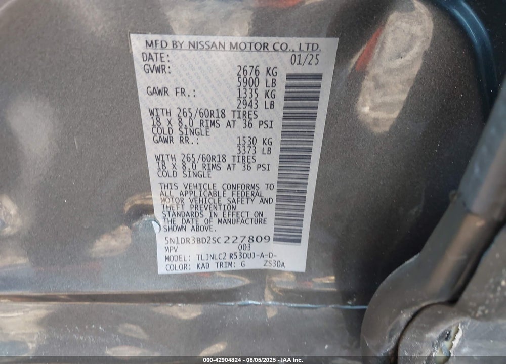 2025 NISSAN PATHFINDER VIN: 5N1DR3BD2SC227809