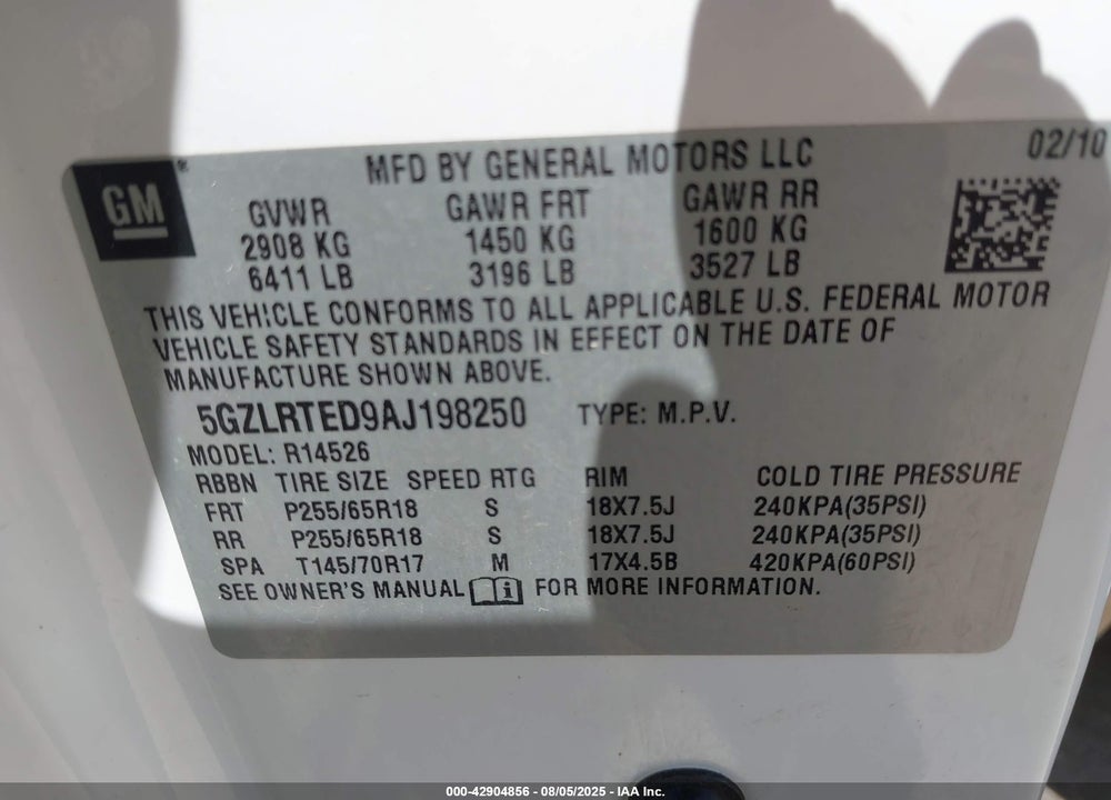 2010 SATURN OUTLOOK XE VIN: 5GZLRTED9AJ198250