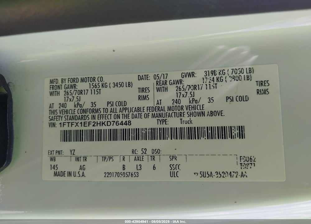 2017 FORD F-150 XL VIN: 1FTFX1EF2HKD76448