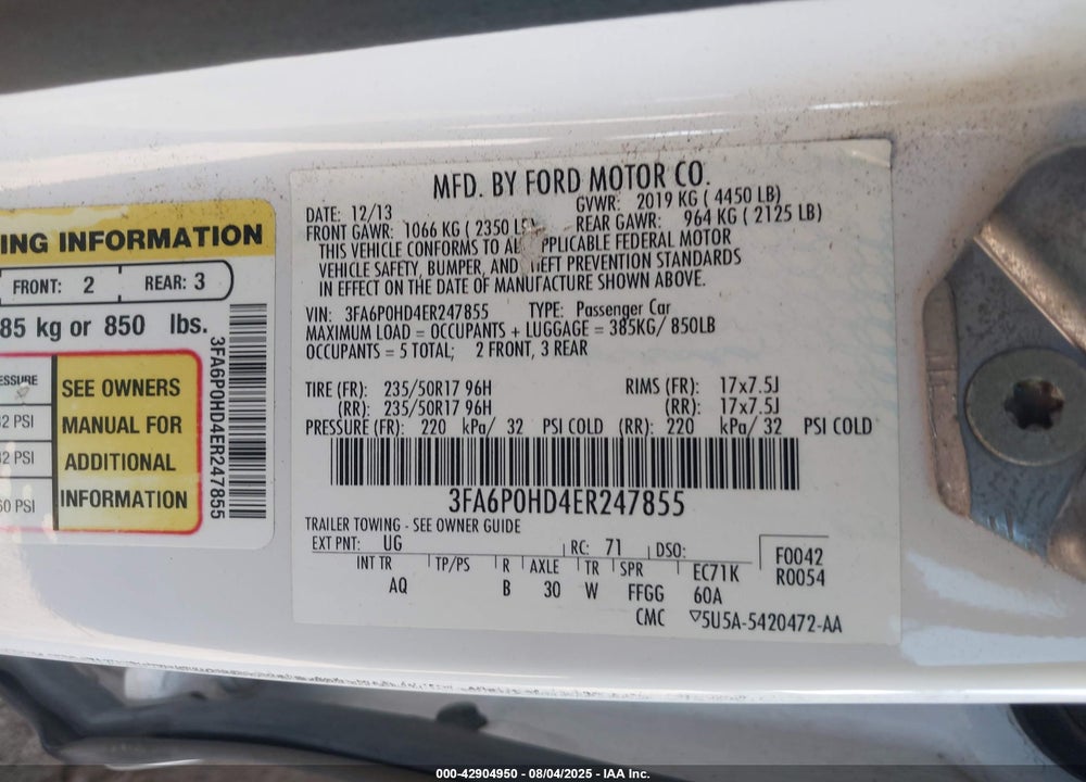 2014 FORD FUSION VIN: 3FA6P0HD4ER247855
