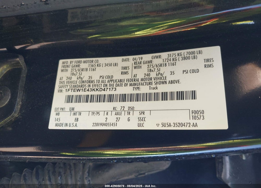 2019 FORD F-150 VIN: 1FTEW1E43KKD47173