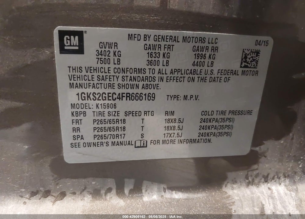 2015 GMC YUKON XL VIN: 1GKS2GEC4FR666169