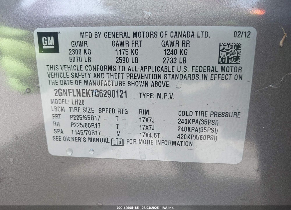2012 CHEVROLET EQUINOX VIN: 2GNFLNEK7C6290121