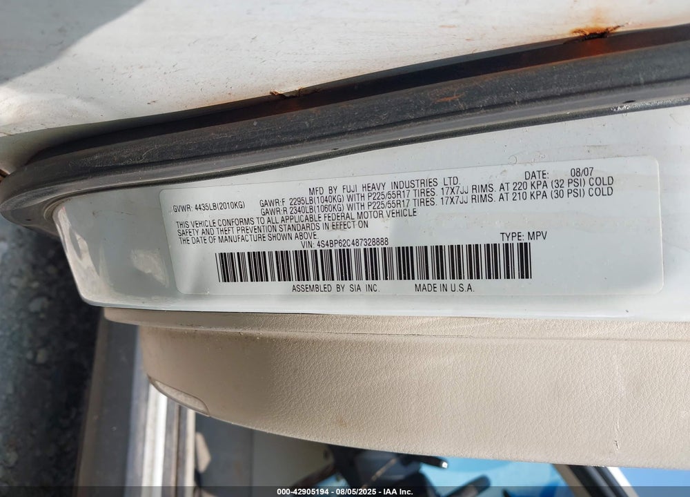 2008 SUBARU OUTBACK VIN: 4S4BP62C487328888