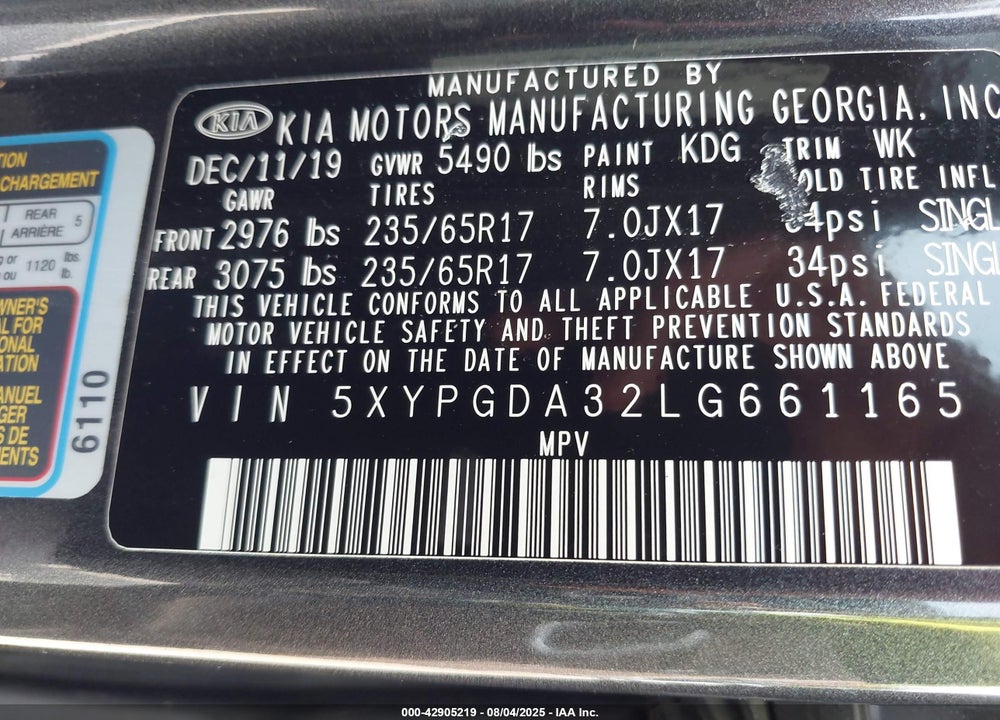2020 KIA SORENTO VIN: 5XYPGDA32LG661165