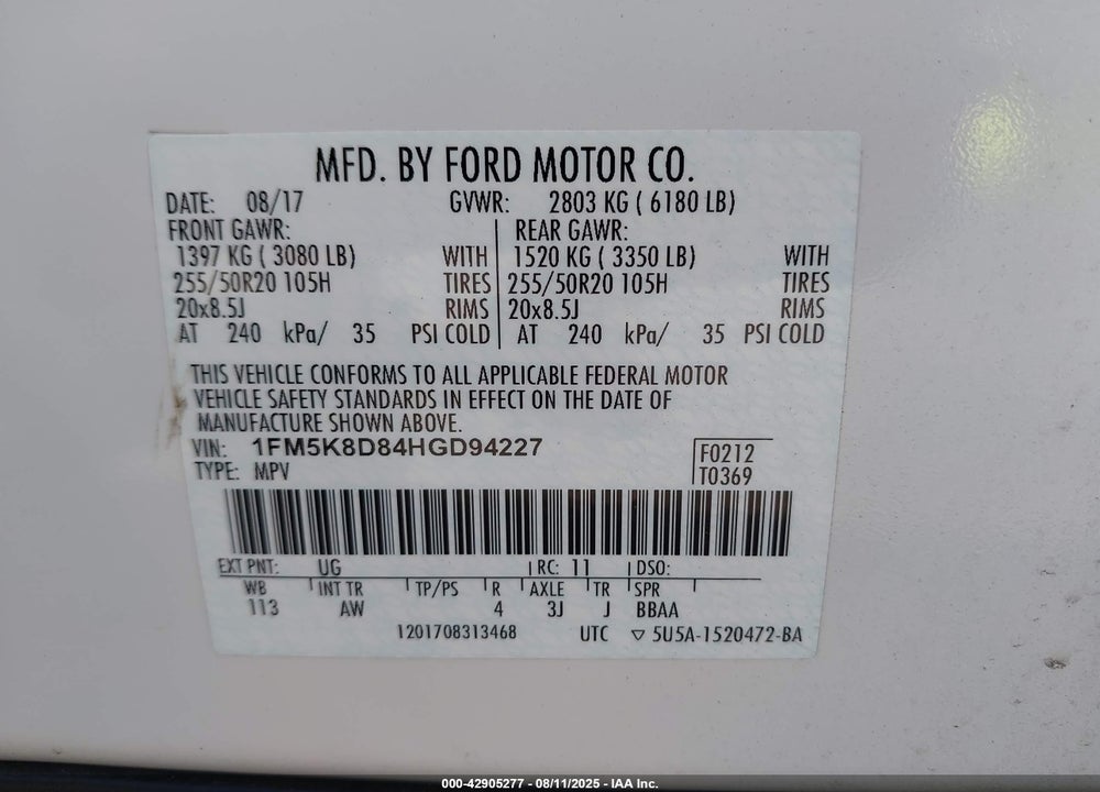 2017 FORD EXPLORER VIN: 1FM5K8D84HGD94227
