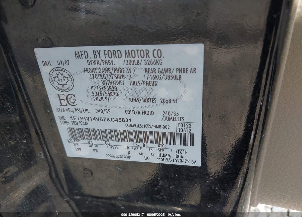 2007 FORD F-150 VIN: 1FTPW14V67KC45831