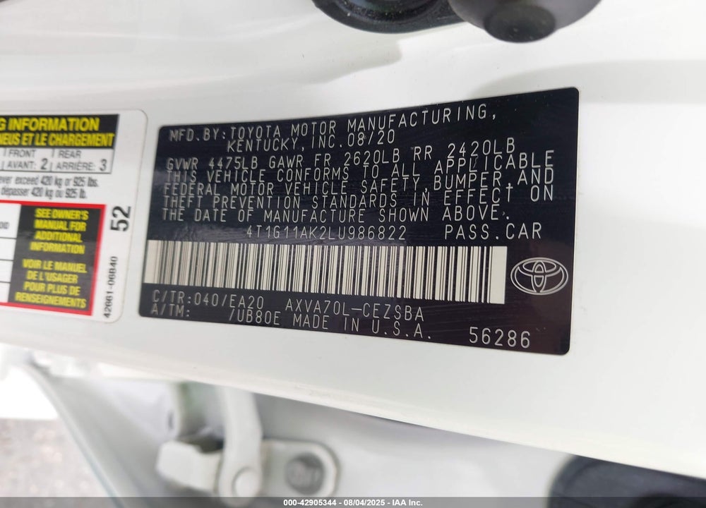 2020 TOYOTA CAMRY VIN: 4T1G11AK2LU986822