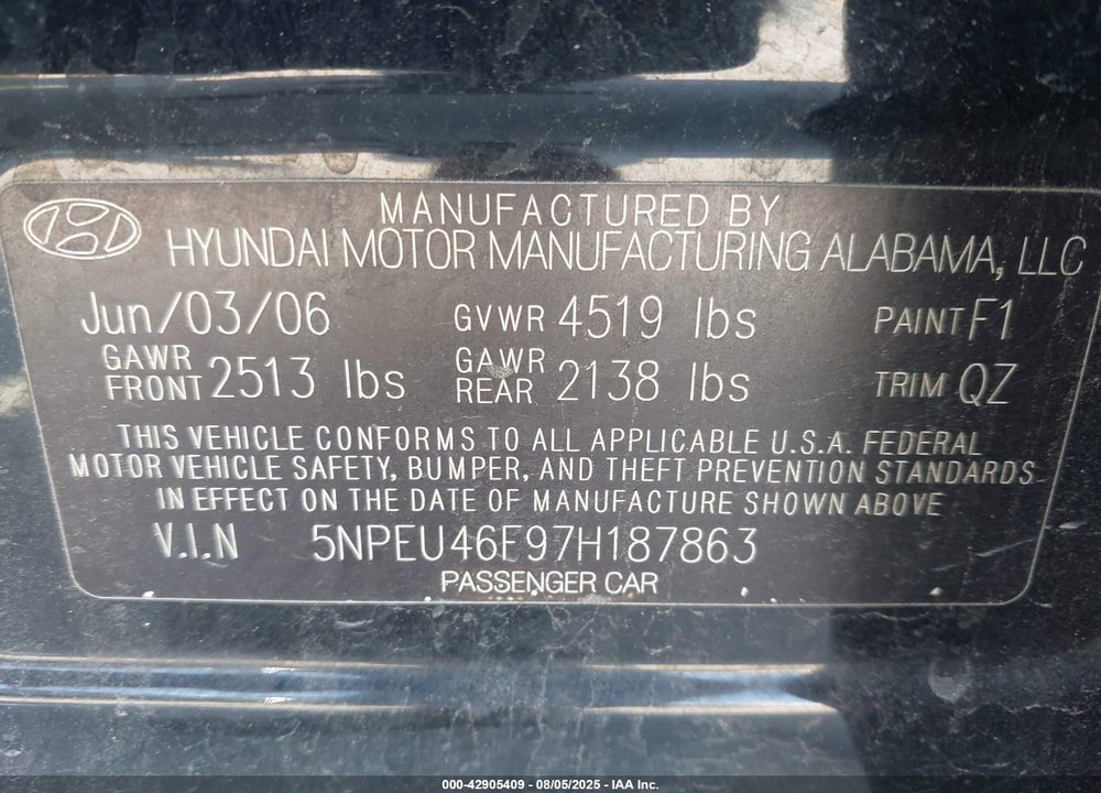 2007 HYUNDAI SONATA LIMITED/SE V6 VIN: 5NPEU46F97H187863