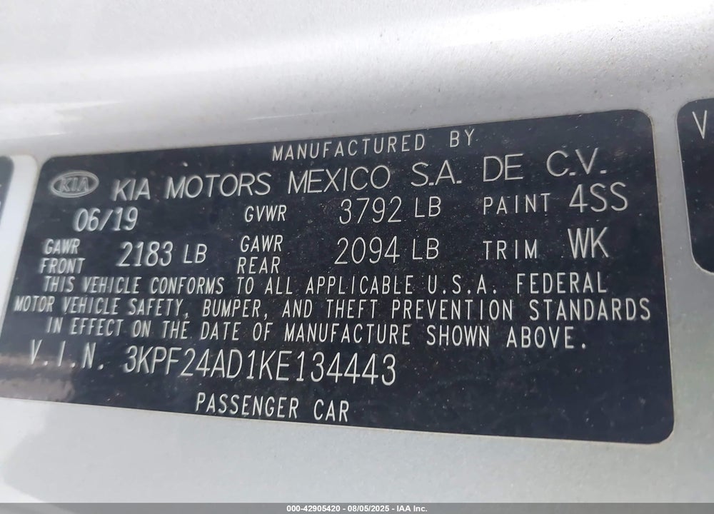 2019 KIA FORTE VIN: 3KPF24AD1KE134443