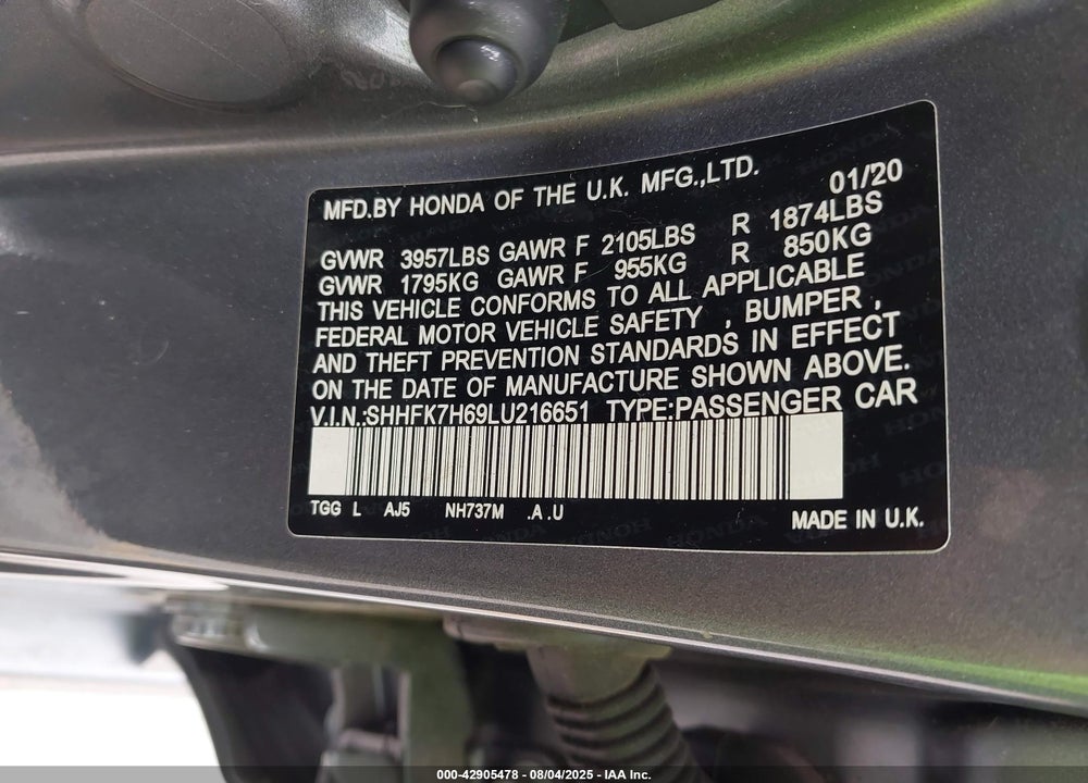 2020 HONDA CIVIC VIN: SHHFK7H69LU216651