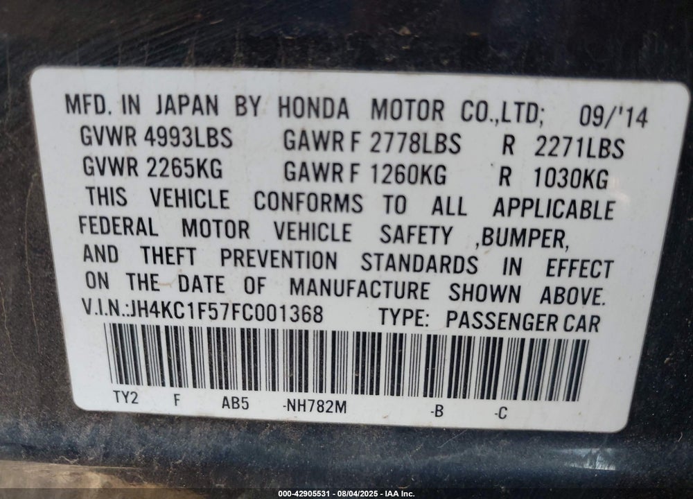 2015 ACURA RLX VIN: JH4KC1F57FC001368