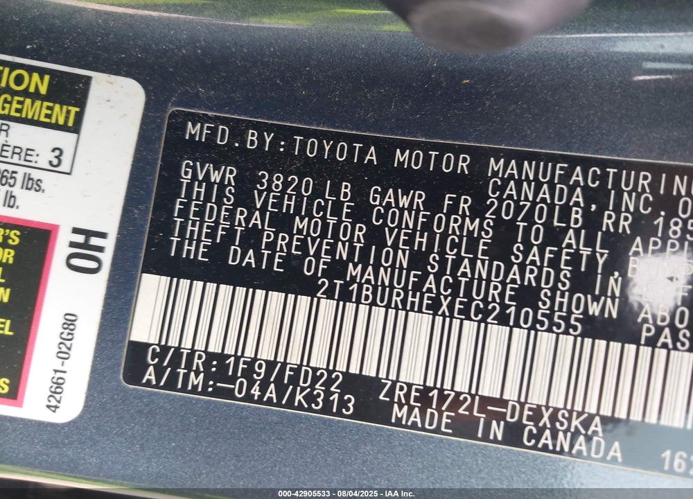 2014 TOYOTA COROLLA VIN: 2T1BURHEXEC210555