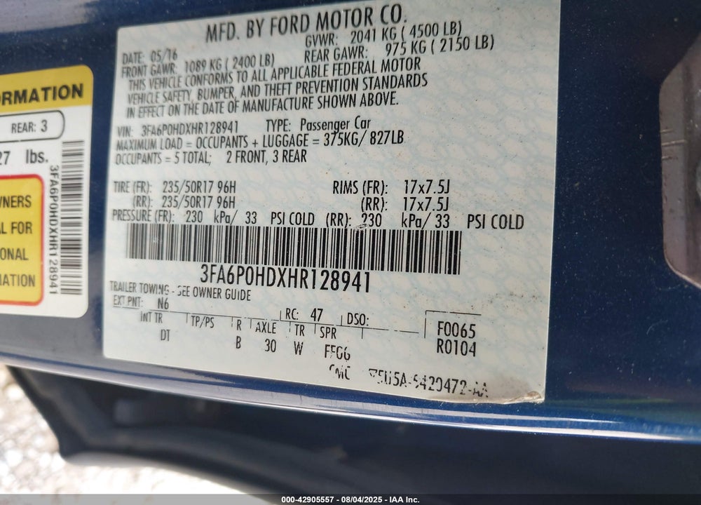 2017 FORD FUSION VIN: 3FA6P0HDXHR128941