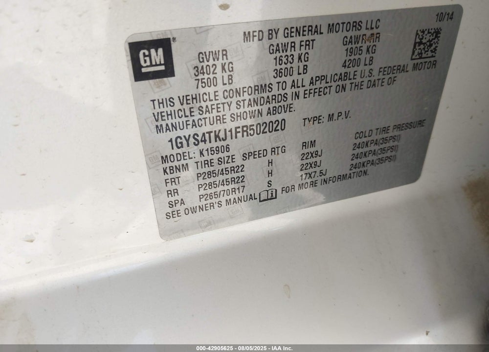2015 CADILLAC ESCALADE ESV PREMIUM VIN: 1GYS4TKJ1FR502020