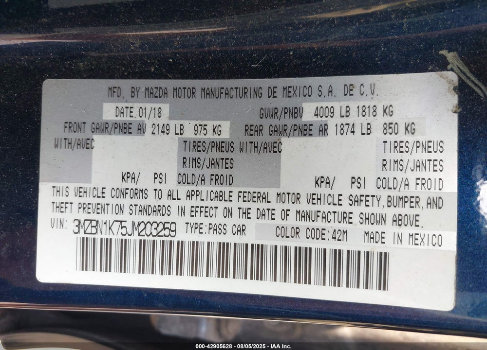 2018 MAZDA 3 VIN: 3MZBN1K75JM203259