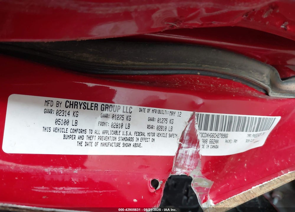 2012 DODGE CHARGER VIN: 2C3CDXHG6CH278966