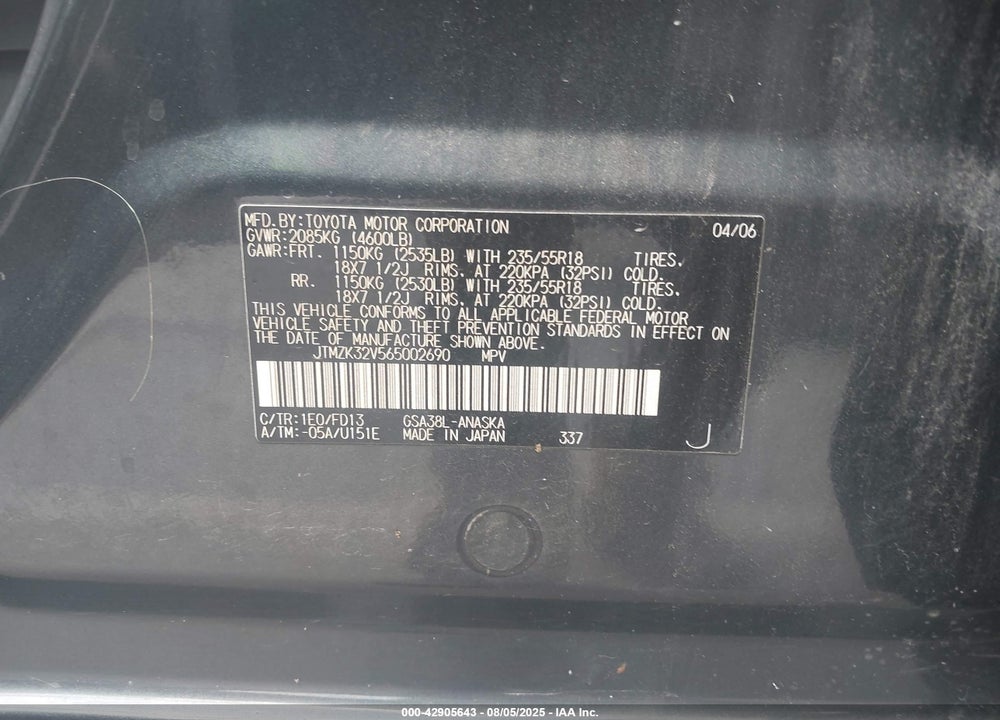 2006 TOYOTA RAV4 SPORT V6 VIN: JTMZK32V565002690