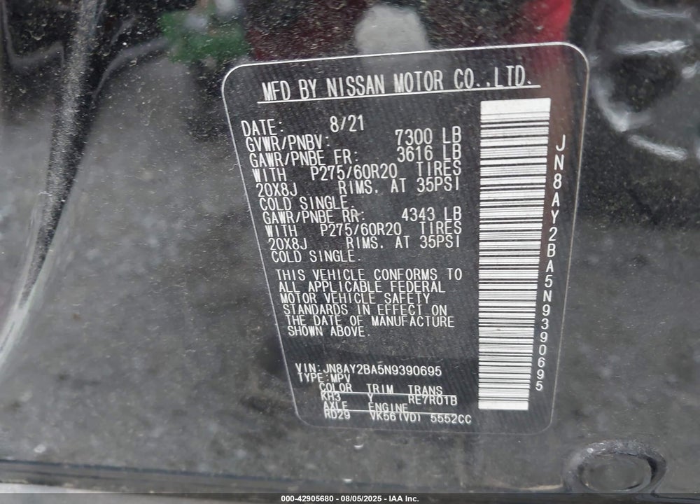 2022 NISSAN ARMADA SL 2WD VIN: JN8AY2BA5N9390695