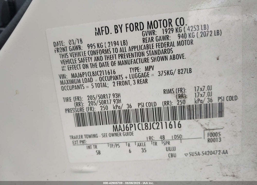 2018 FORD ECOSPORT VIN: MAJ6P1CL8JC211616
