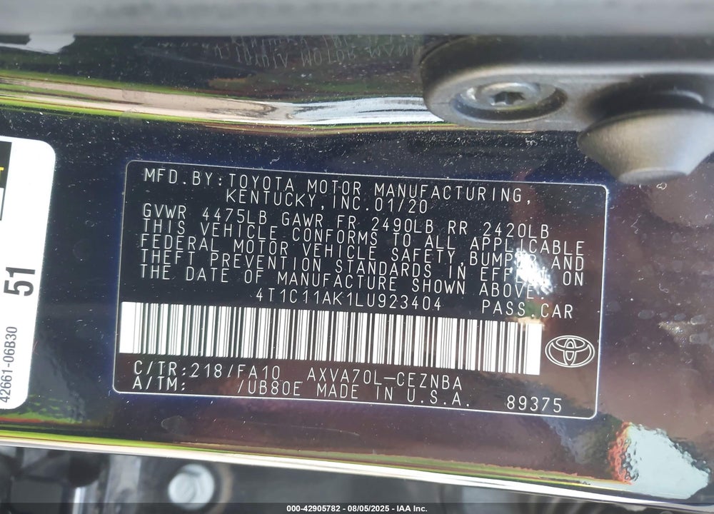 2020 TOYOTA CAMRY VIN: 4T1C11AK1LU923404