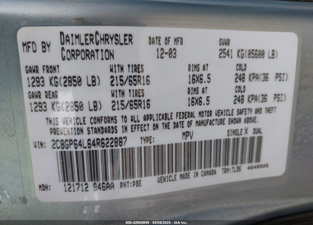 2004 CHRYSLER TOWN & COUNTRY LIMITED VIN: 2C8GP64L64R622887