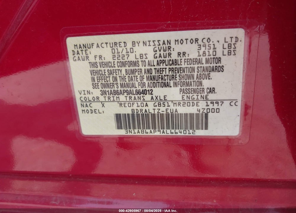 2010 NISSAN SENTRA VIN: 3N1AB6AP9AL664012