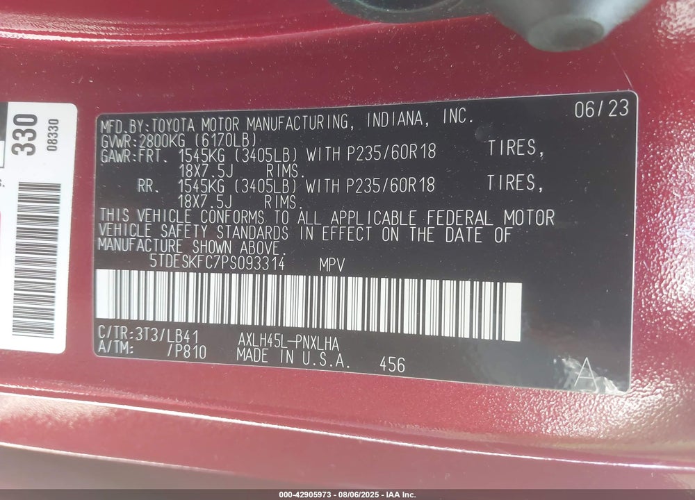 2023 TOYOTA SIENNA PLATINUM VIN: 5TDESKFC7PS093314
