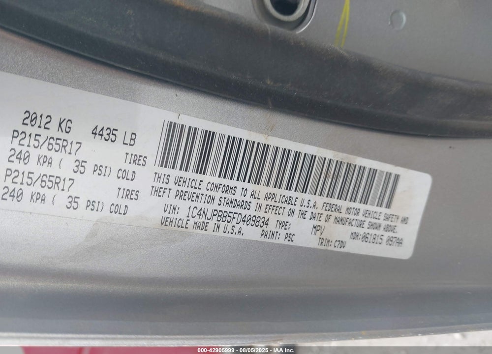 2015 JEEP PATRIOT VIN: 1C4NJPBB5FD409834