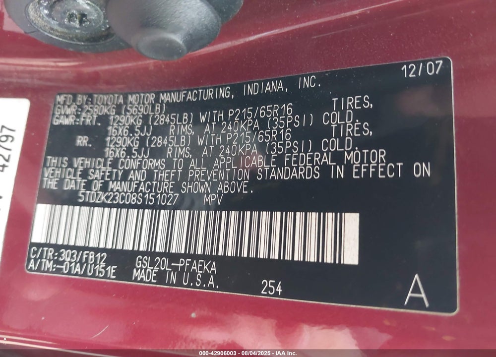 2008 TOYOTA SIENNA CE VIN: 5TDZK23C08S151027