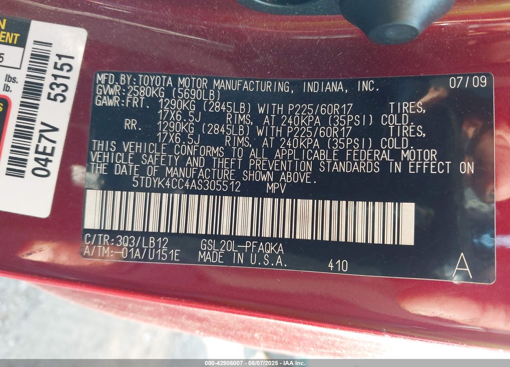 2010 TOYOTA SIENNA XLE VIN: 5TDYK4CC4AS305512
