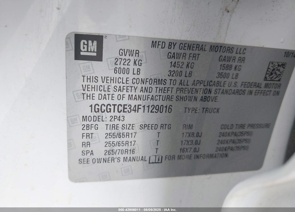 2015 CHEVROLET COLORADO VIN: 1GCGTCE34F1129016