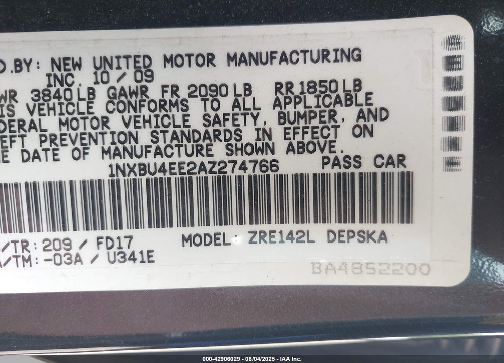 2010 TOYOTA COROLLA VIN: 1NXBU4EE2AZ274766