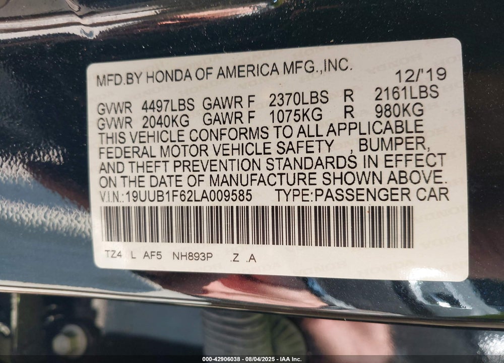 2020 ACURA TLX VIN: 19UUB1F62LA009585